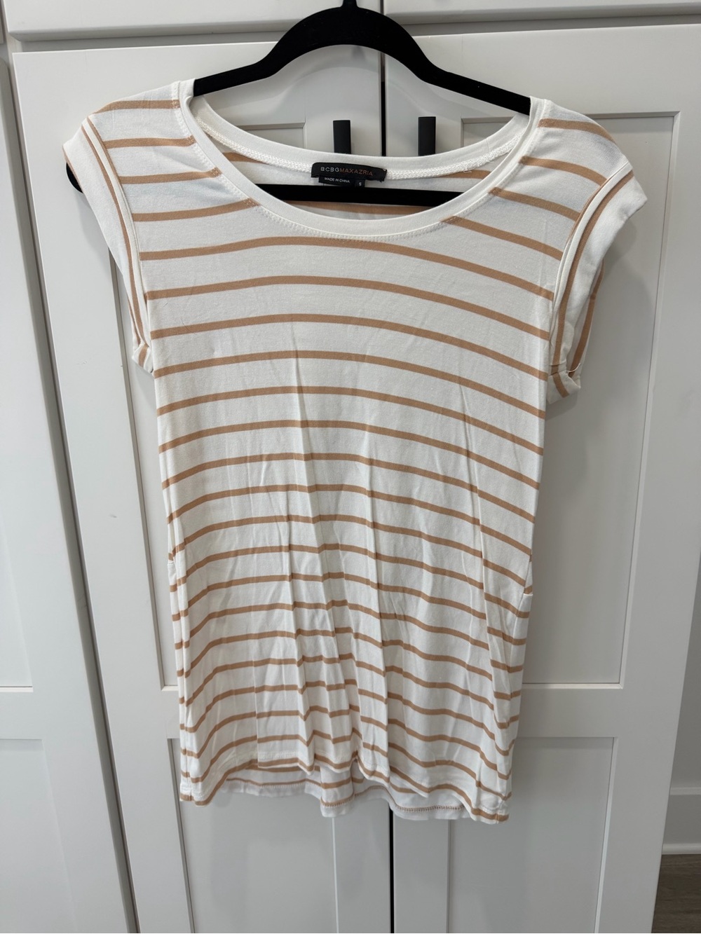 BCBGMaxAzria White and Tan Striped Sleeveless Tank